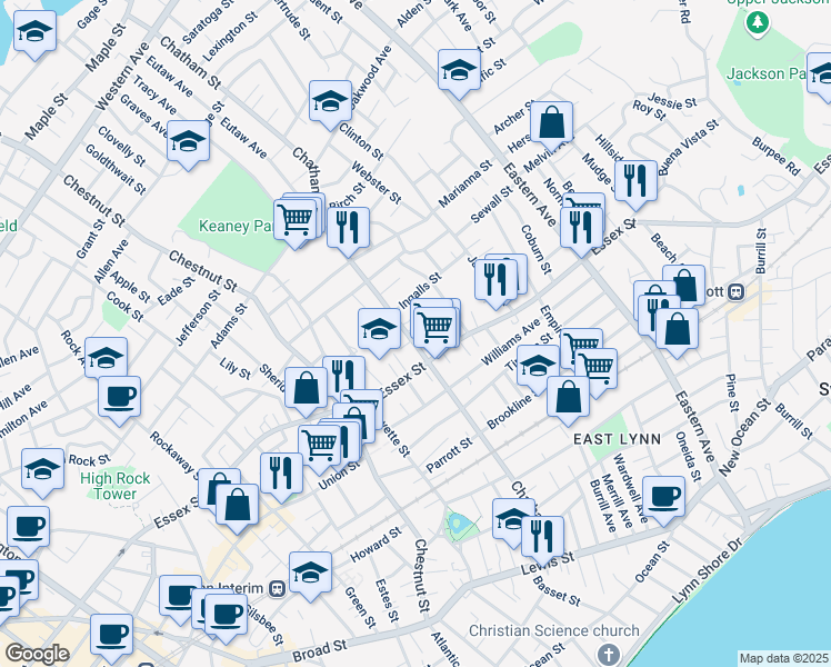 map of restaurants, bars, coffee shops, grocery stores, and more near 189 Chatham Street in Lynn