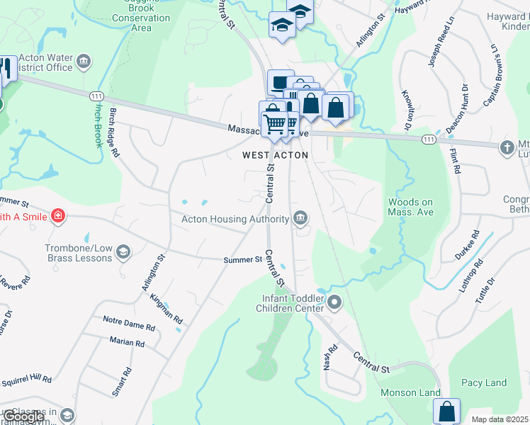 map of restaurants, bars, coffee shops, grocery stores, and more near 220 Central Street in Acton
