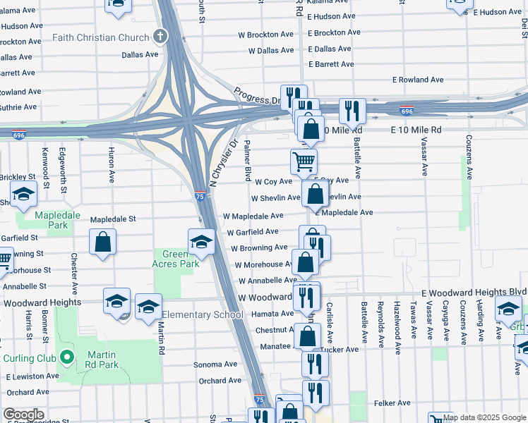 map of restaurants, bars, coffee shops, grocery stores, and more near 158 West Mapledale Avenue in Hazel Park