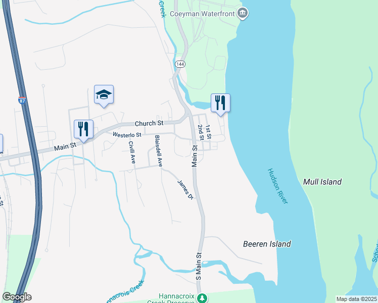 map of restaurants, bars, coffee shops, grocery stores, and more near 73 Main Street in Coeymans