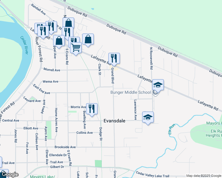 map of restaurants, bars, coffee shops, grocery stores, and more near 300 Grand Boulevard in Evansdale