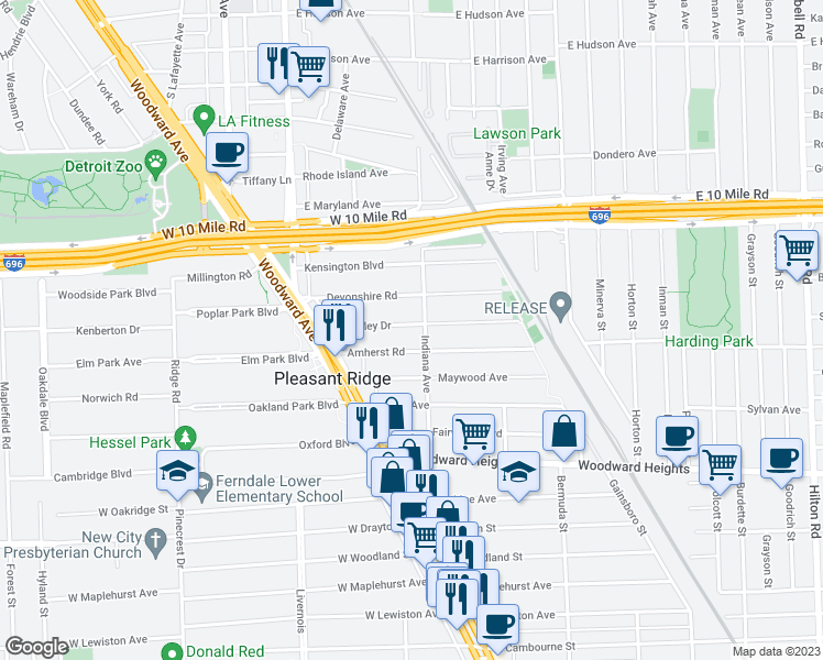 map of restaurants, bars, coffee shops, grocery stores, and more near 38 Wellesley Drive in Pleasant Ridge