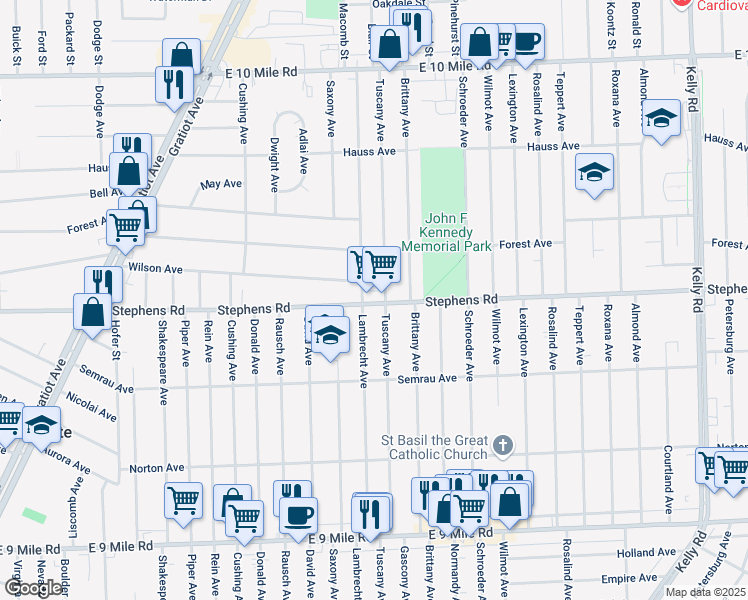 map of restaurants, bars, coffee shops, grocery stores, and more near 17523 Stephens Road in Eastpointe
