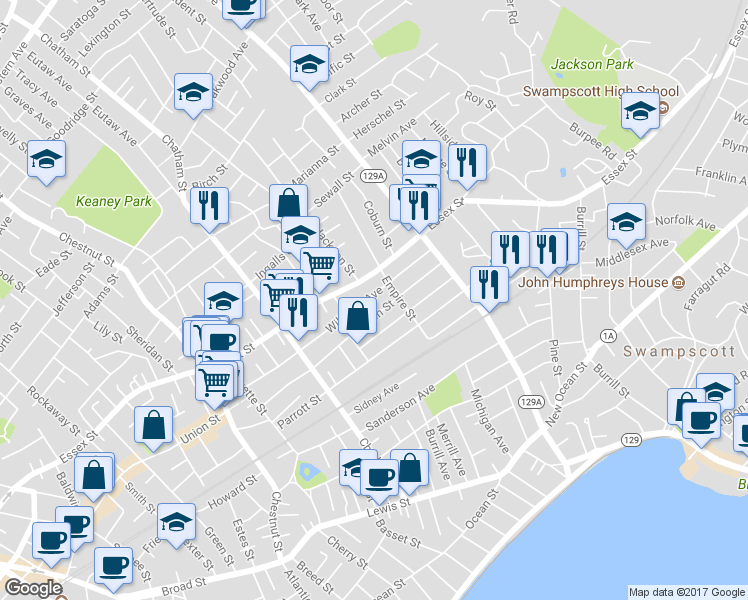map of restaurants, bars, coffee shops, grocery stores, and more near 66 Williams Avenue in Lynn