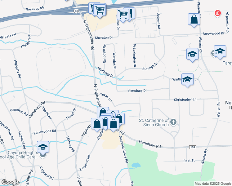 map of restaurants, bars, coffee shops, grocery stores, and more near 107 Simsbury Dr in Ithaca