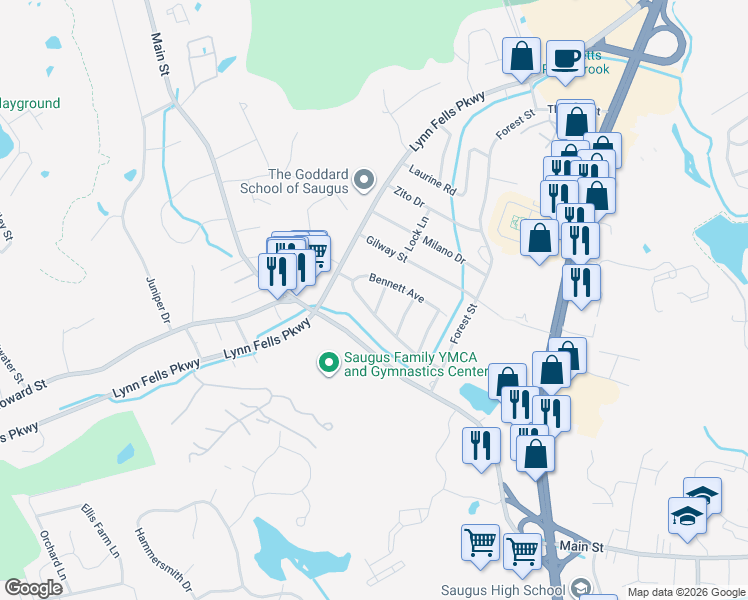 map of restaurants, bars, coffee shops, grocery stores, and more near 6 Puritan Road in Saugus