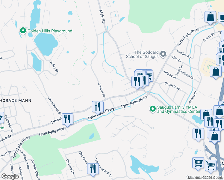 map of restaurants, bars, coffee shops, grocery stores, and more near 5 Fernwood Road in Saugus