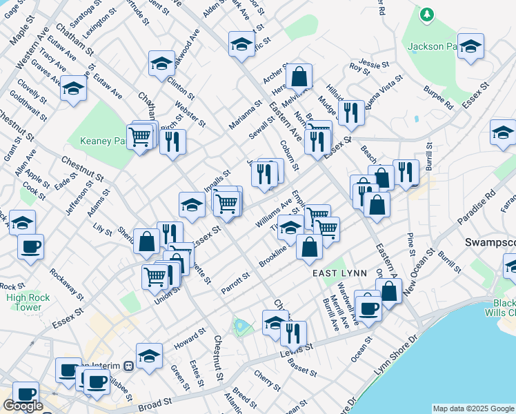 map of restaurants, bars, coffee shops, grocery stores, and more near 146 Essex Street in Lynn