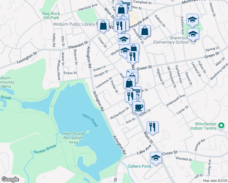 map of restaurants, bars, coffee shops, grocery stores, and more near 30 Porter St in Woburn
