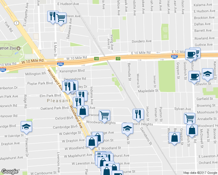 map of restaurants, bars, coffee shops, grocery stores, and more near 76 Wellesley Drive in Pleasant Ridge