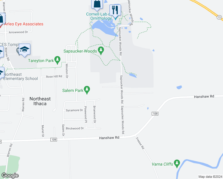 map of restaurants, bars, coffee shops, grocery stores, and more near 5 Sanctuary Drive in Ithaca