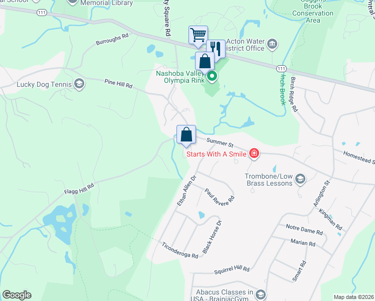 map of restaurants, bars, coffee shops, grocery stores, and more near 235 Summer Road in Boxborough