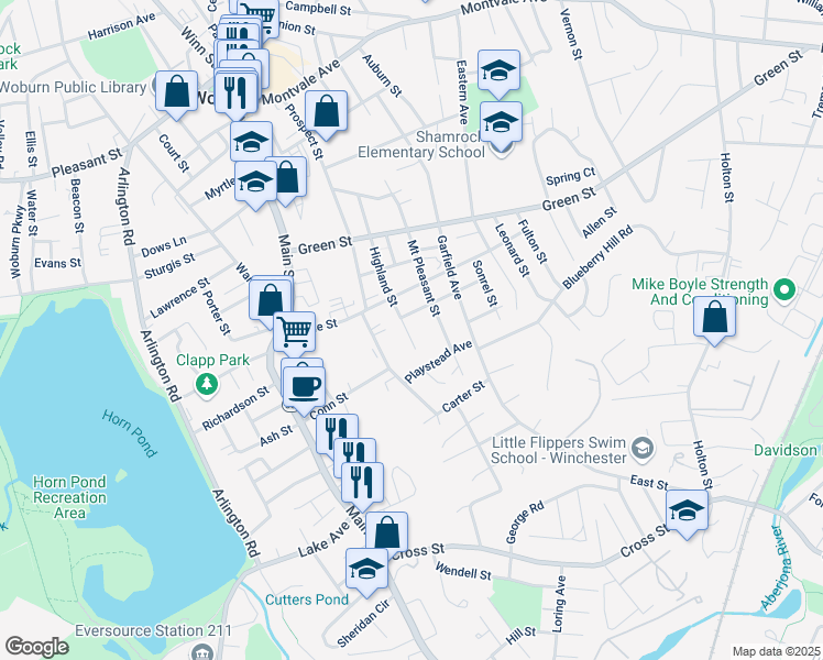 map of restaurants, bars, coffee shops, grocery stores, and more near 32A Highland Street in Woburn