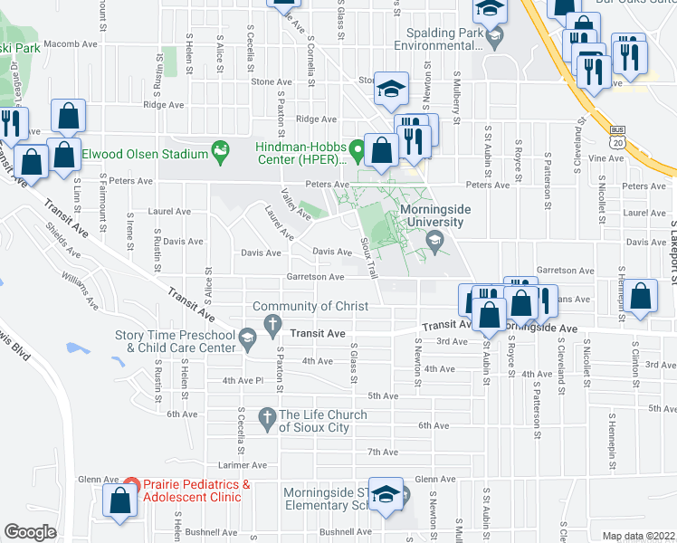 map of restaurants, bars, coffee shops, grocery stores, and more near 3425 Garretson Avenue in Sioux City