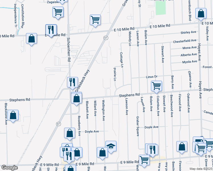 map of restaurants, bars, coffee shops, grocery stores, and more near 14055 Stephens in Warren