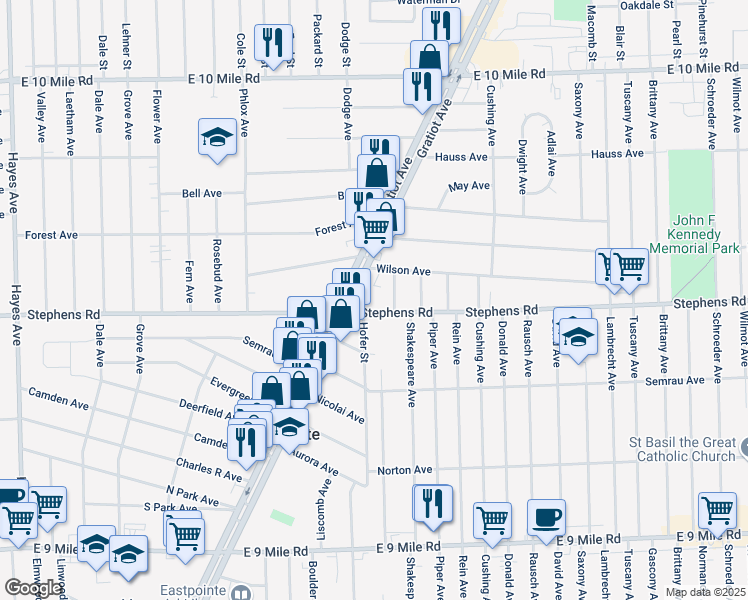 map of restaurants, bars, coffee shops, grocery stores, and more near 24200 Gratiot Avenue in Eastpointe
