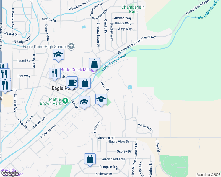 map of restaurants, bars, coffee shops, grocery stores, and more near 147 Onyx St in Eagle Point