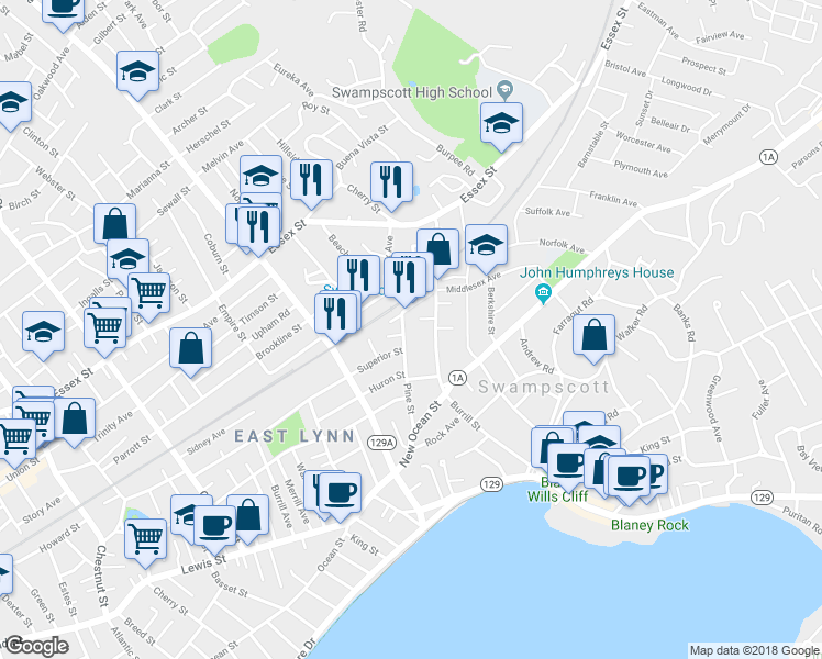 map of restaurants, bars, coffee shops, grocery stores, and more near 85 Pine Street in Swampscott
