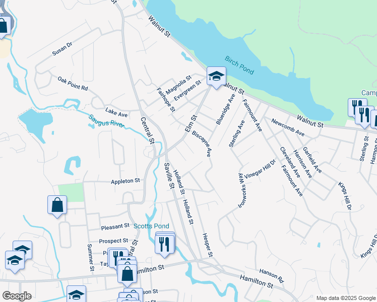 map of restaurants, bars, coffee shops, grocery stores, and more near 11 Alvah Street in Saugus