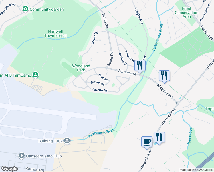 map of restaurants, bars, coffee shops, grocery stores, and more near 14 Marion Road in Bedford