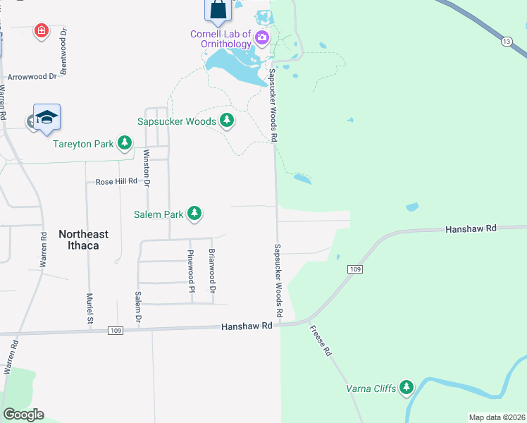 map of restaurants, bars, coffee shops, grocery stores, and more near 1 Sanctuary Drive in Ithaca