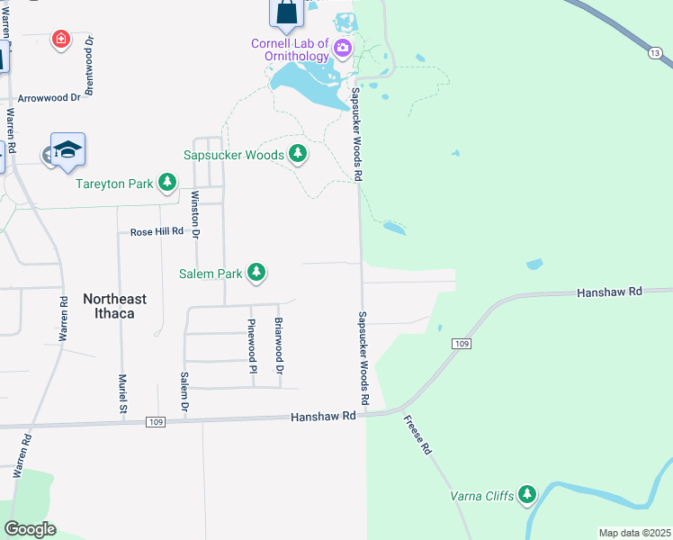 map of restaurants, bars, coffee shops, grocery stores, and more near 5 Sanctuary Drive in Ithaca