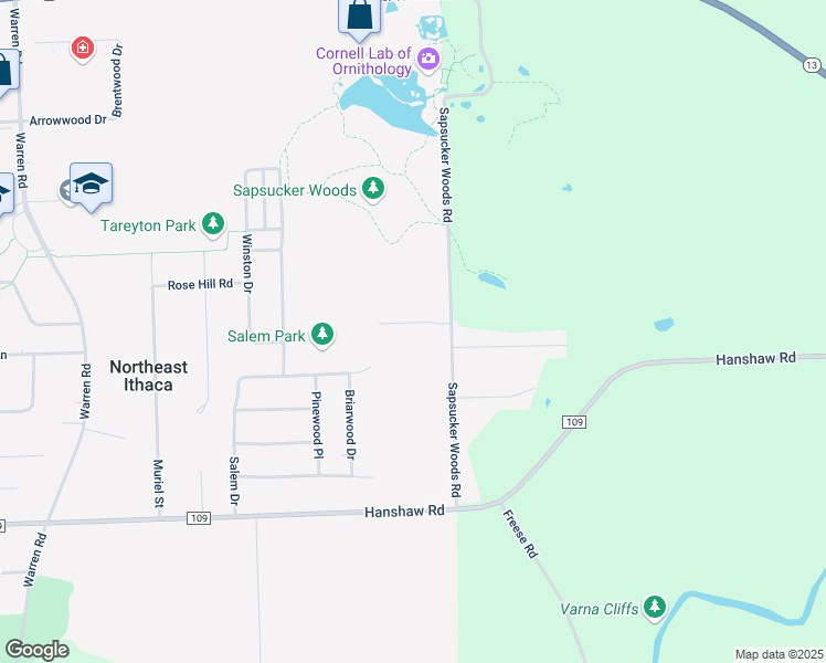 map of restaurants, bars, coffee shops, grocery stores, and more near 5 Sanctuary Drive in Ithaca