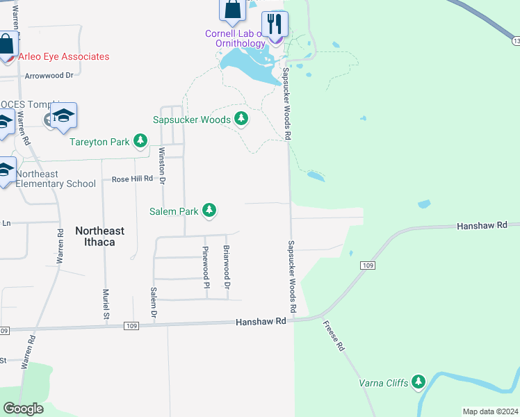 map of restaurants, bars, coffee shops, grocery stores, and more near 5 Sanctuary Drive in Ithaca