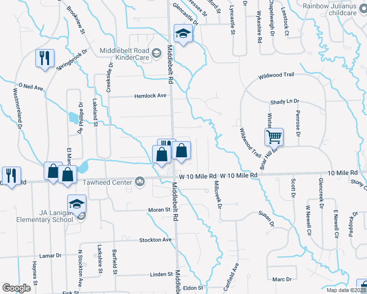 map of restaurants, bars, coffee shops, grocery stores, and more near 24400 Middlebelt Road in Farmington Hills