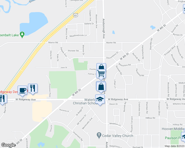 map of restaurants, bars, coffee shops, grocery stores, and more near 1118 Patrick Court in Waterloo
