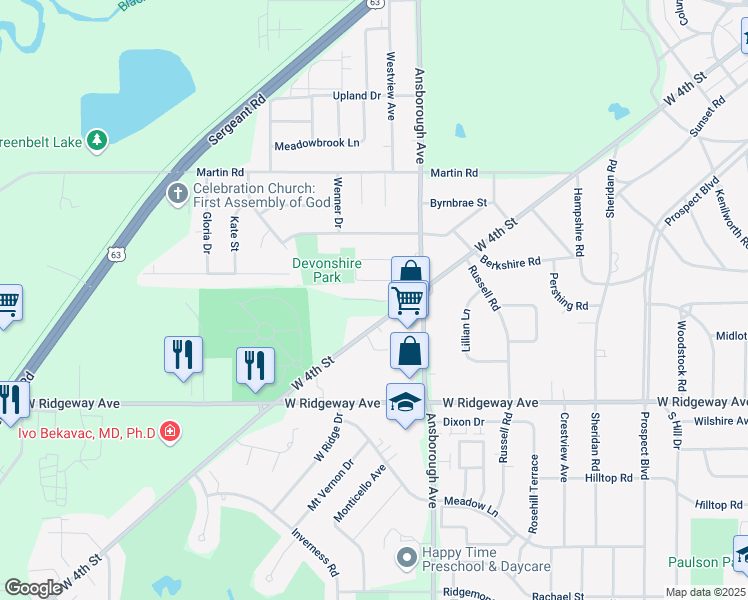 map of restaurants, bars, coffee shops, grocery stores, and more near 1118 Patrick Court in Waterloo