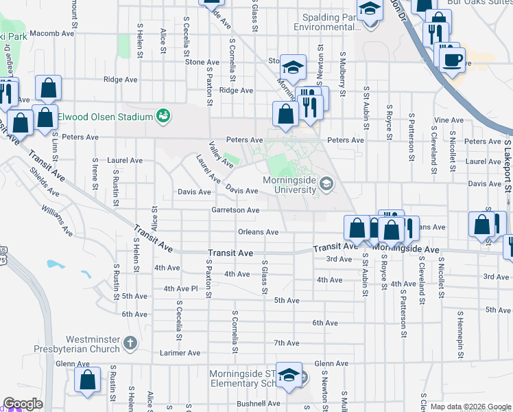 map of restaurants, bars, coffee shops, grocery stores, and more near 3425 Garretson Avenue in Sioux City