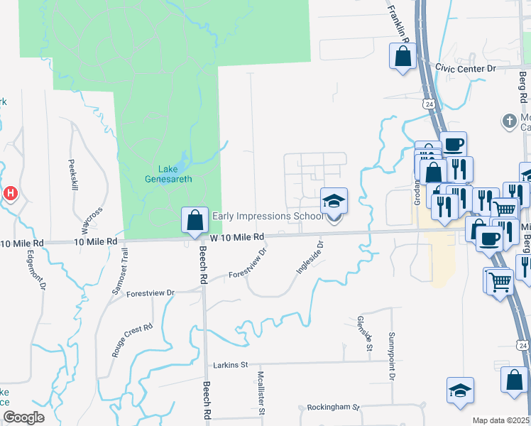 map of restaurants, bars, coffee shops, grocery stores, and more near 25178 Mcallister Street in Southfield