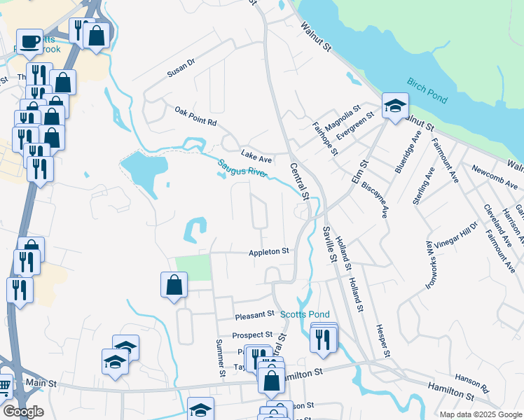 map of restaurants, bars, coffee shops, grocery stores, and more near 8 Pranker Road in Saugus
