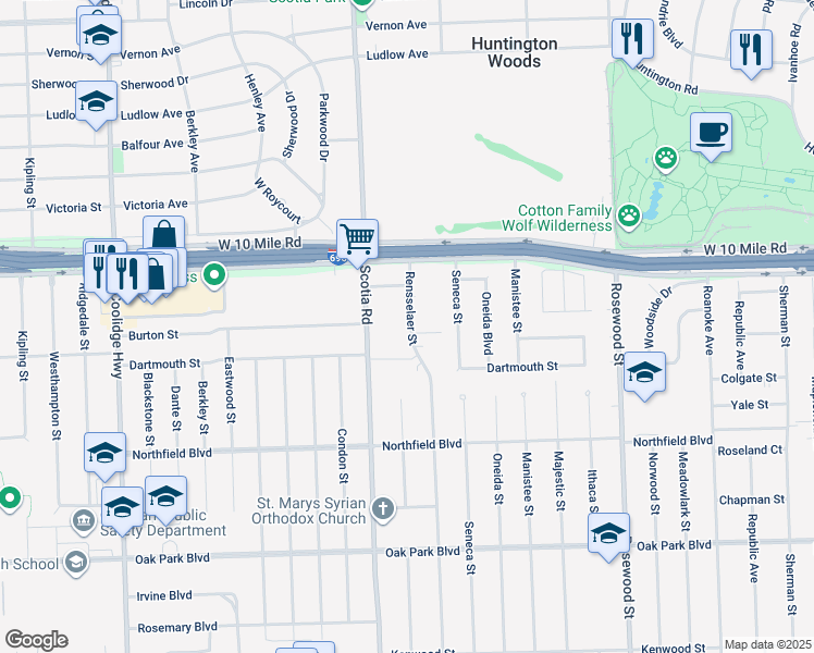 map of restaurants, bars, coffee shops, grocery stores, and more near 24642 Rensselaer Street in Oak Park