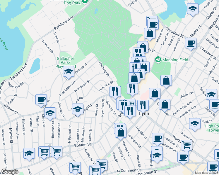 map of restaurants, bars, coffee shops, grocery stores, and more near 4 Hancock Terrace in Lynn