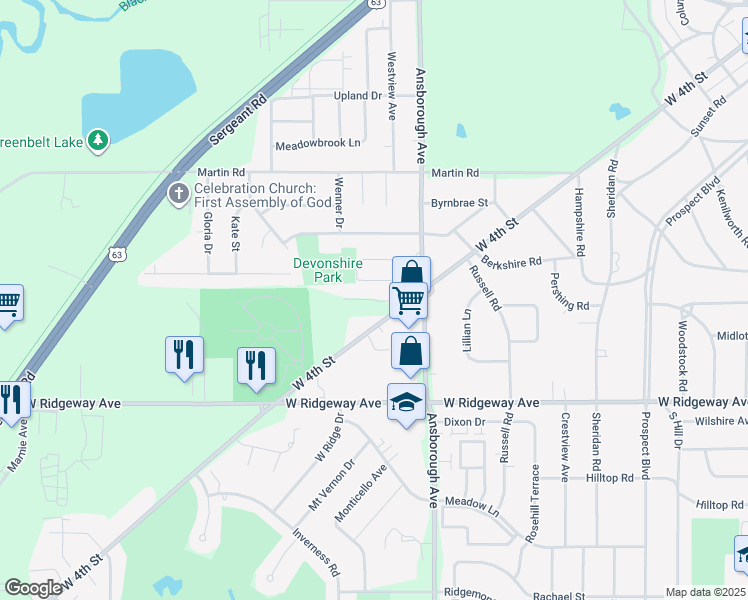 map of restaurants, bars, coffee shops, grocery stores, and more near 1001 Patrick Court in Waterloo