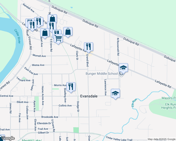 map of restaurants, bars, coffee shops, grocery stores, and more near 1000 East End Avenue in Evansdale