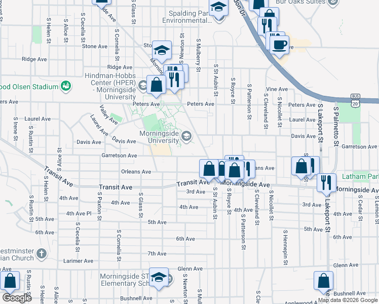 map of restaurants, bars, coffee shops, grocery stores, and more near 3823 Garretson Avenue in Sioux City