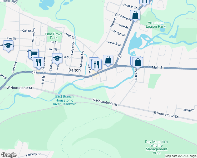 map of restaurants, bars, coffee shops, grocery stores, and more near 23-25 Elm St in Dalton