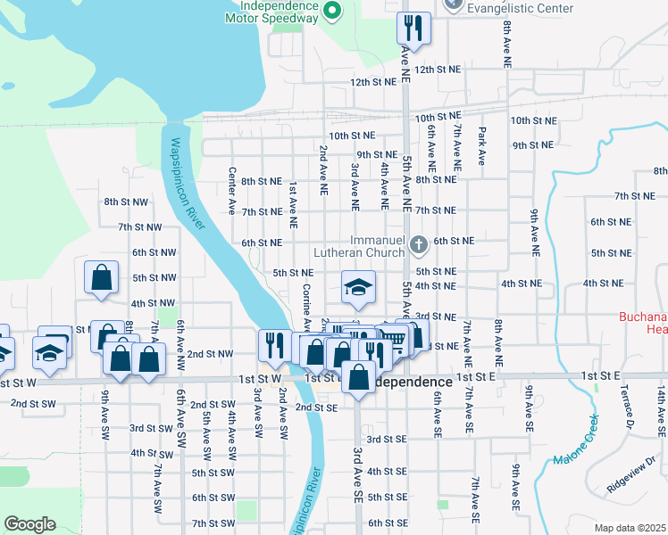 map of restaurants, bars, coffee shops, grocery stores, and more near 500 2nd Avenue Northeast in Independence