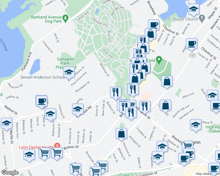 map of restaurants, bars, coffee shops, grocery stores, and more near 4 Hancock Terrace in Lynn