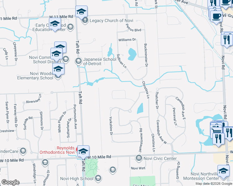 map of restaurants, bars, coffee shops, grocery stores, and more near 25030 Newberry Drive in Novi