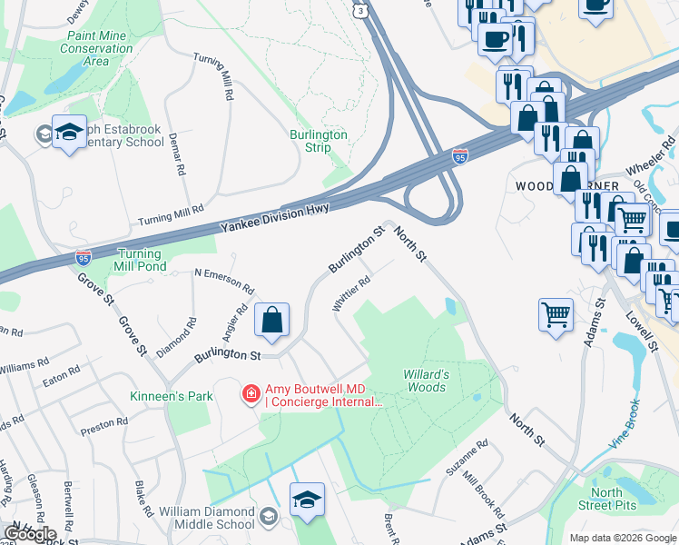 map of restaurants, bars, coffee shops, grocery stores, and more near 167 Burlington Street in Lexington