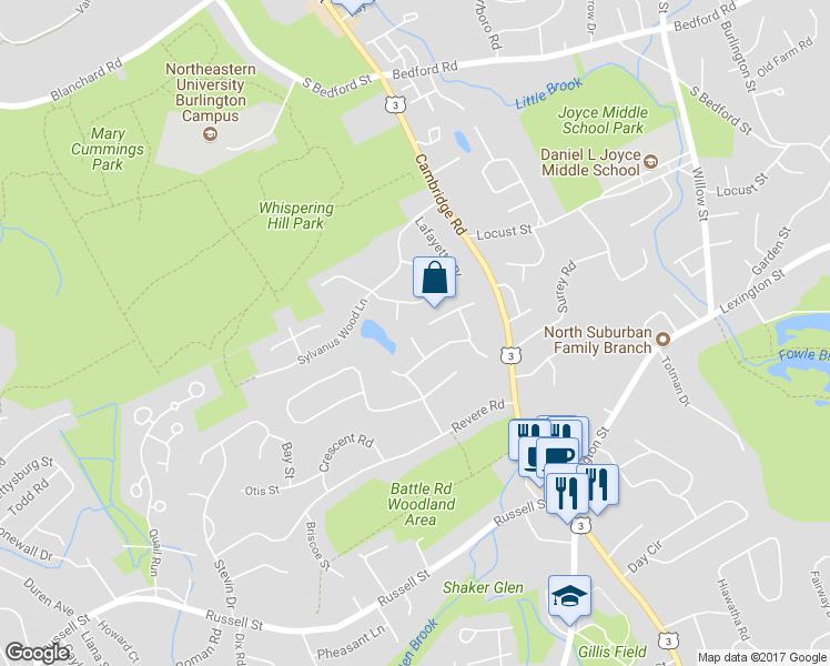 map of restaurants, bars, coffee shops, grocery stores, and more near 5 Adams Circle in Woburn