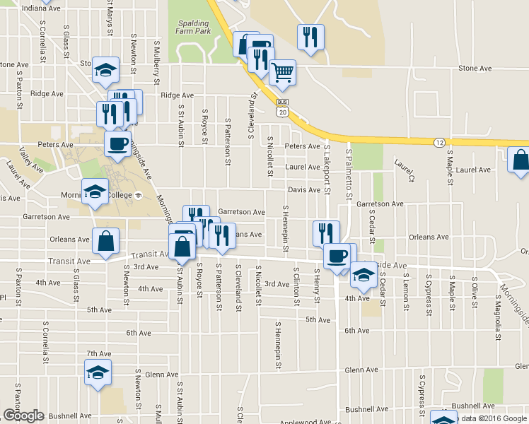 map of restaurants, bars, coffee shops, grocery stores, and more near 1801 South Nicollet Street in Sioux City