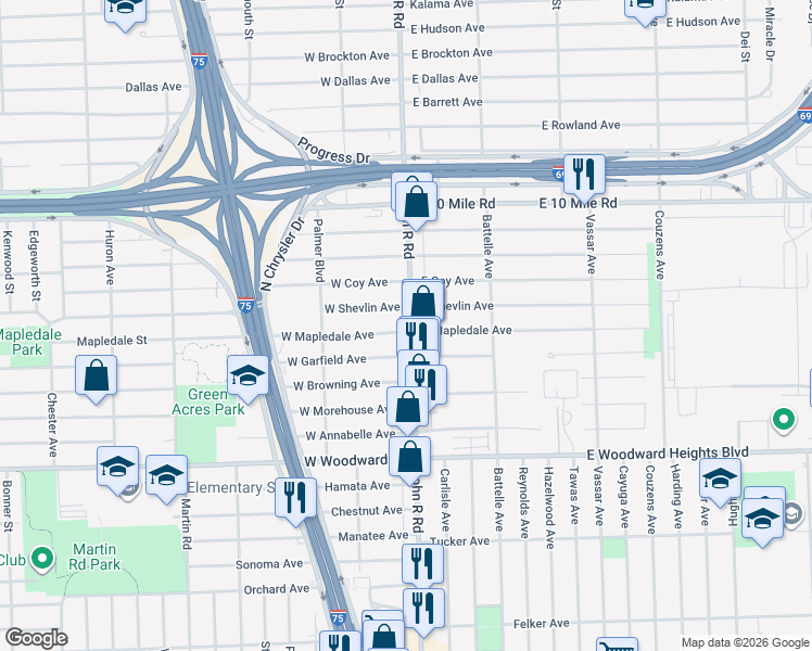 map of restaurants, bars, coffee shops, grocery stores, and more near 24503 John R Road in Hazel Park