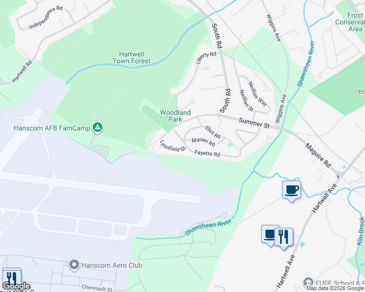 map of restaurants, bars, coffee shops, grocery stores, and more near 17 Fayette Road in Bedford