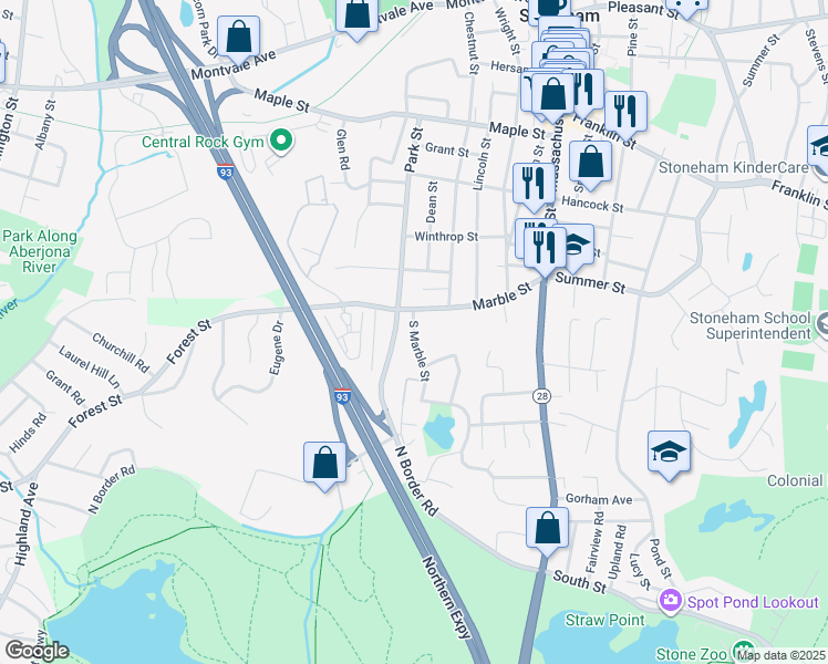 map of restaurants, bars, coffee shops, grocery stores, and more near 182 Park Street in Stoneham
