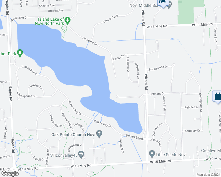 map of restaurants, bars, coffee shops, grocery stores, and more near Reeds Pointe Drive in Novi